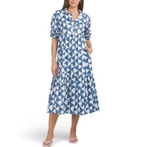 Rachel Zoe Blue & White Geo Print Tiered Midi Shirt Dress Sz Large NEW